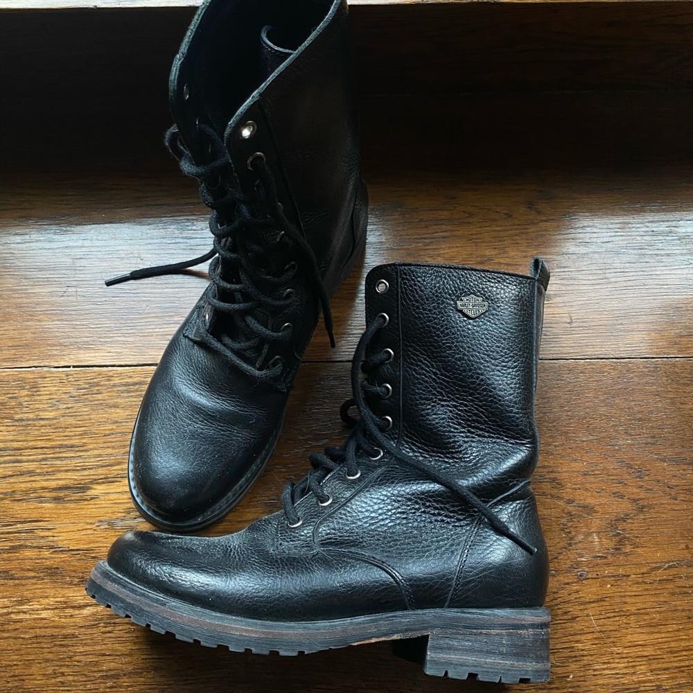 black real leather Harley Davidson lace up boots